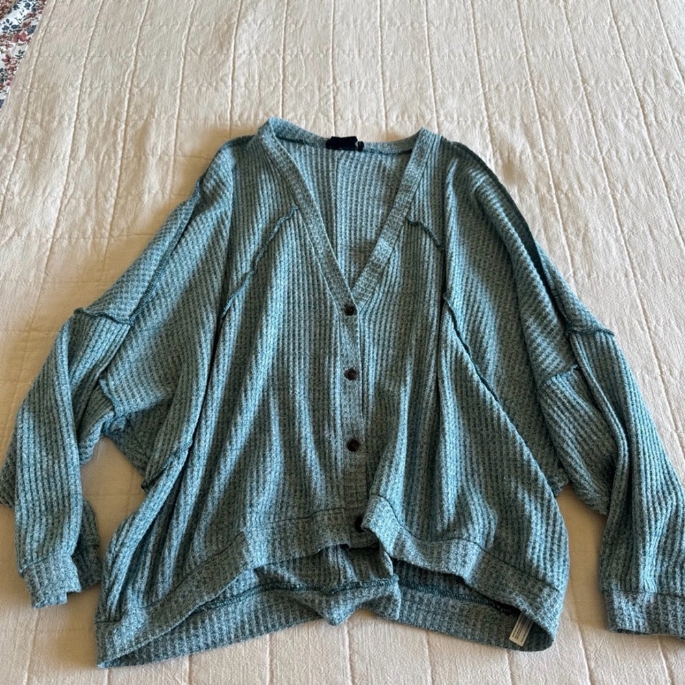 Urban Outfitters Waffle-Knit Button Cardigan in Sage